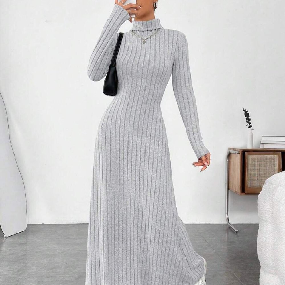Bodycon Long Sleeve Ribbed Dress - Vestido Elegante de Outono com Gola