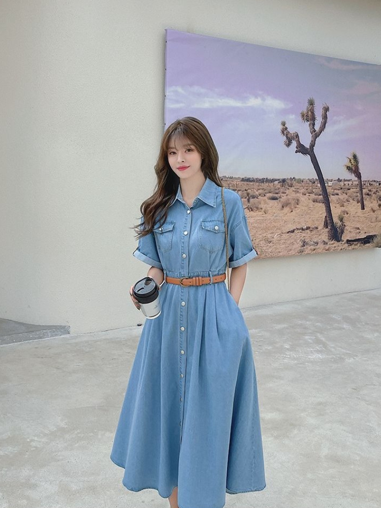 Korean Style A Line Shirt Dress - Women's Denim Dress 2026 Summer New