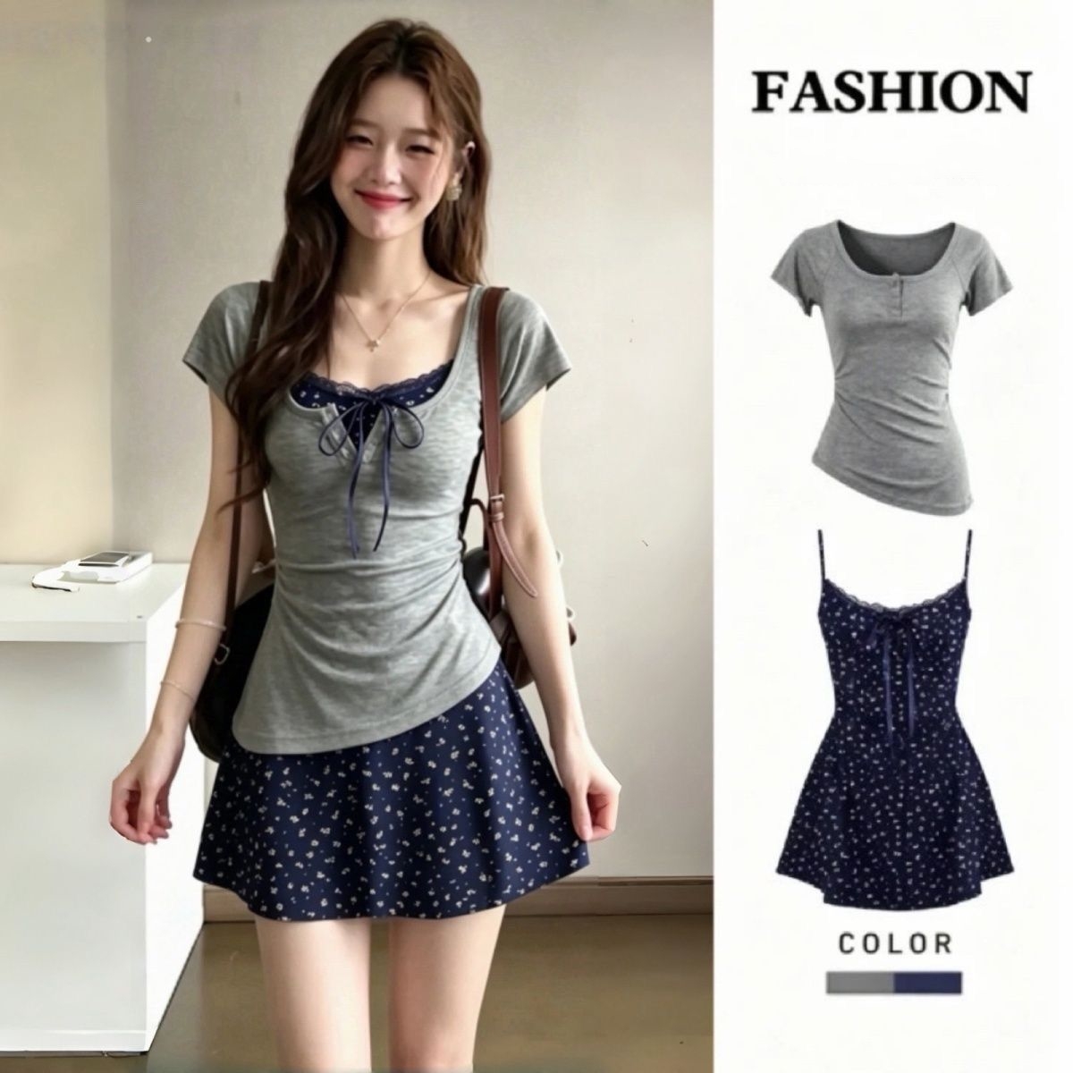 Korean Style A Line Shirt Dress - Conjunto Feminino de Duas Peças: Vestido