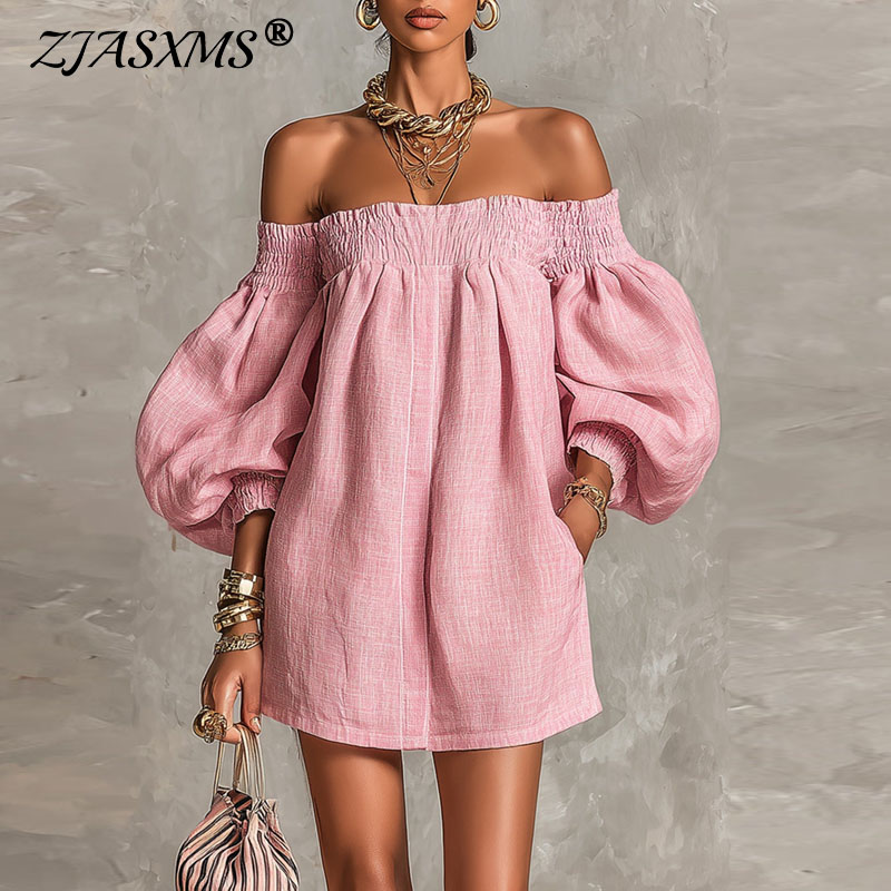 Off Shoulder Puff Sleeve Sundress - Novo Vestido Mini Feminino de Verão