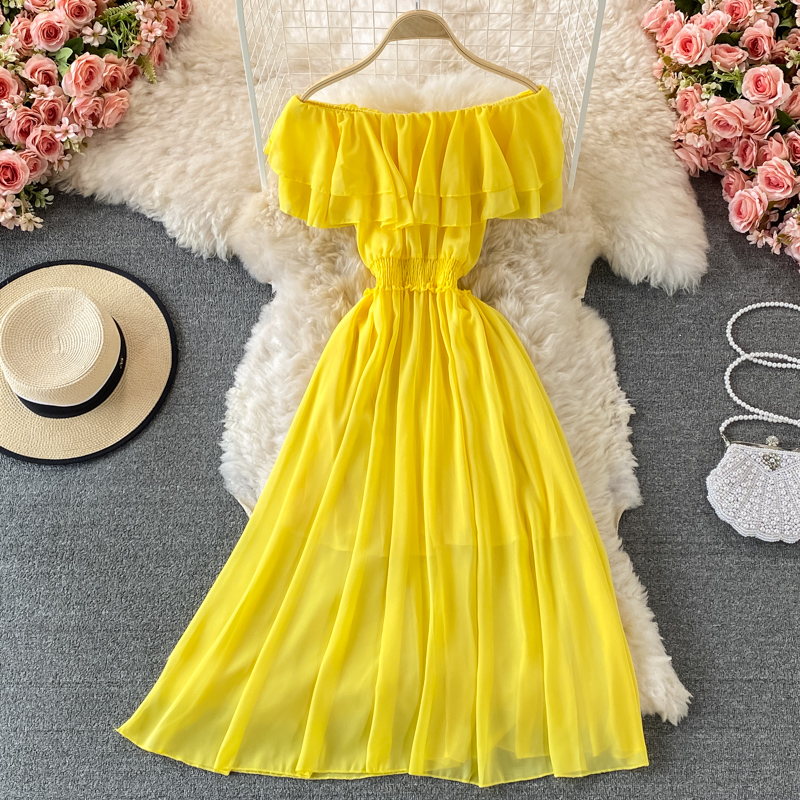 Off Shoulder Puff Sleeve Sundress - Vestido de praia feminino com chiffon