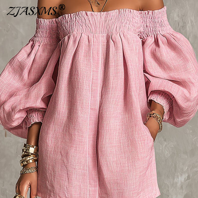 Off Shoulder Puff Sleeve Sundress - Vestido Feminino Novo de Verão Casual