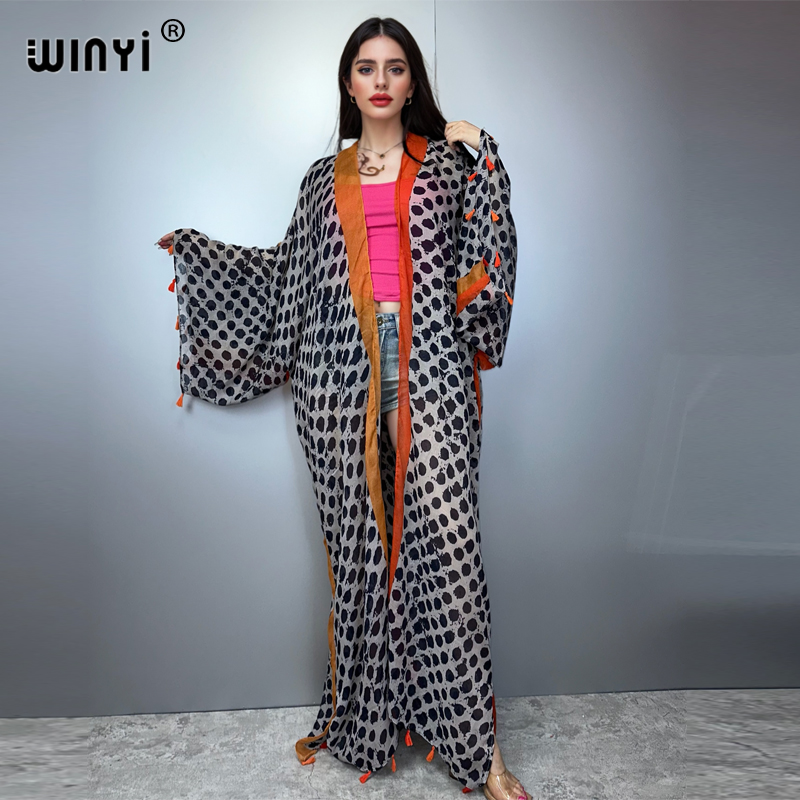 Boho Summer Beach Maxi Dress - WINYI Conjunto de Verão Kimono Estampa
