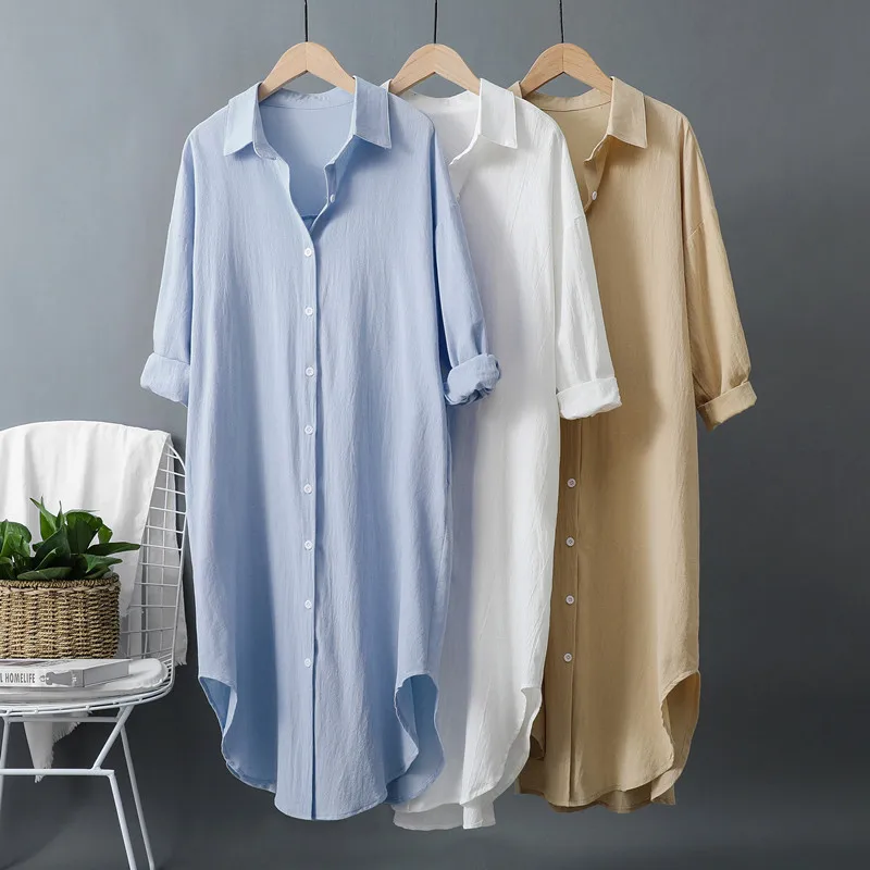 Casual Loose Linen Shirt Dress - Novos Vestidos Longos de Algodão e