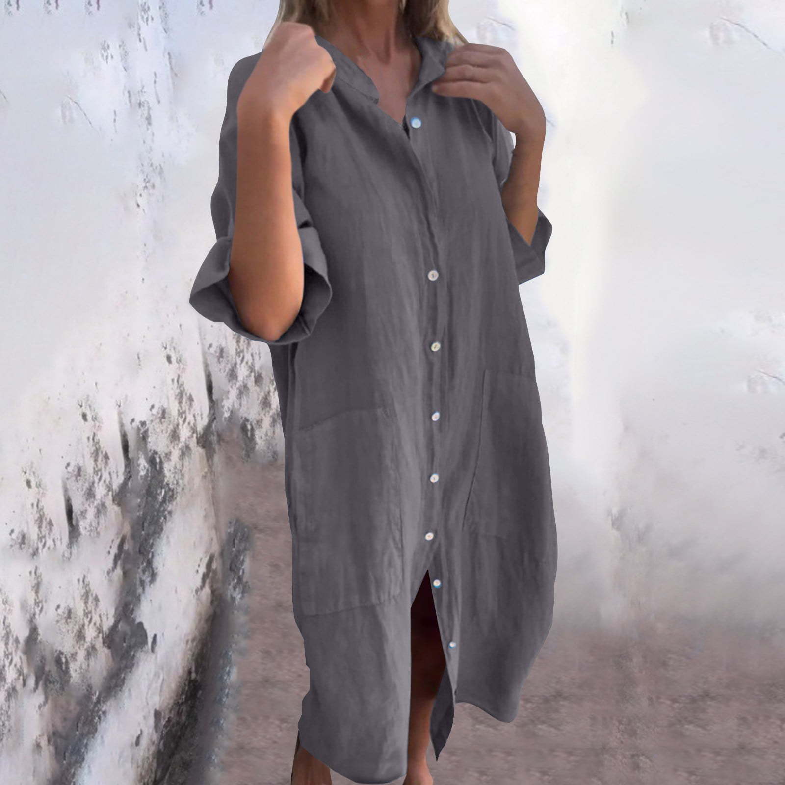 Casual Loose Linen Shirt Dress - 2025 novo europeu e americano primavera