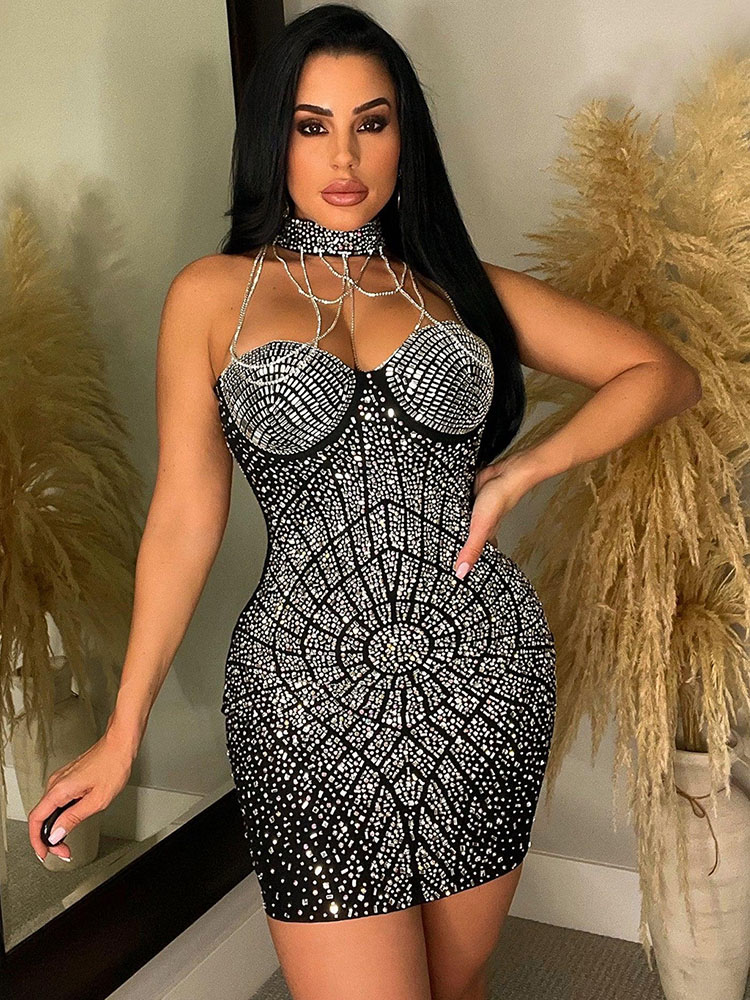 Sparkly Rhinestone Club Party Dress - Doyerl brilhante strass diamantes vestido de