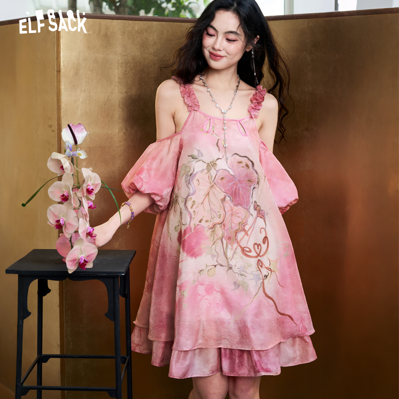 Off Shoulder Puff Sleeve Sundress - Vestido feminino de chiffon jacquard tie-dye