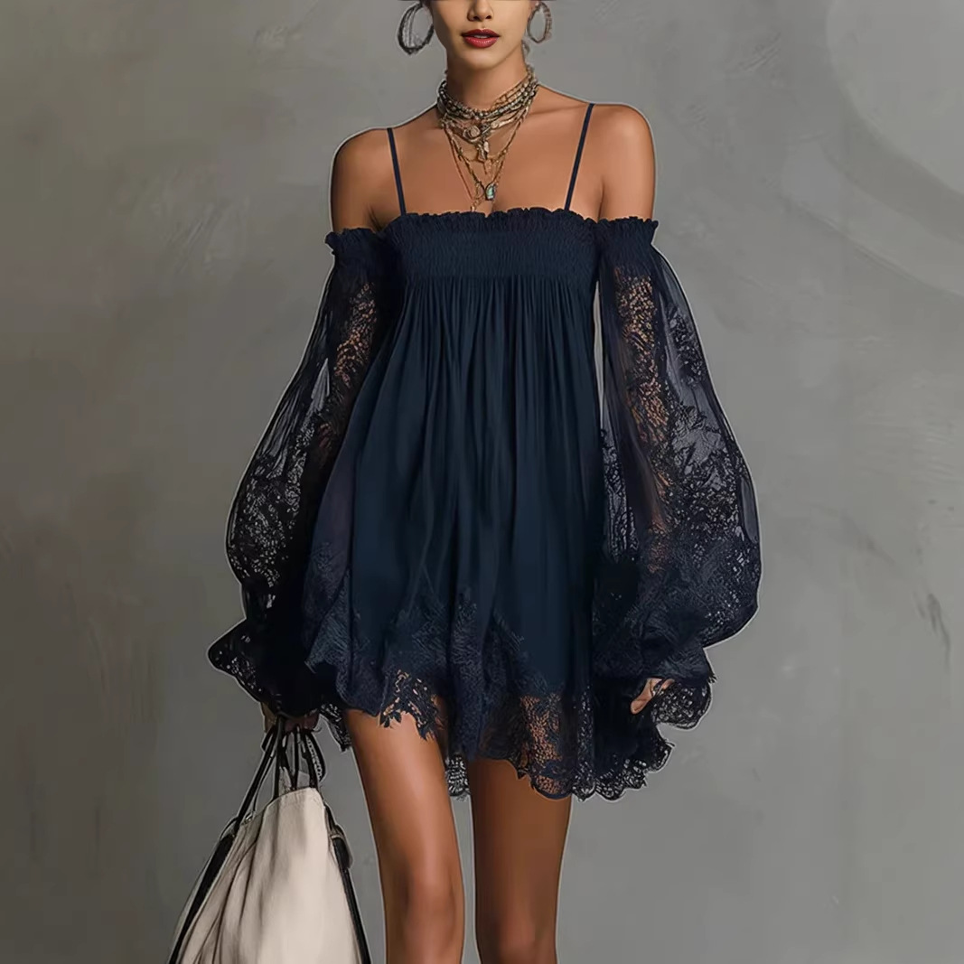 Off Shoulder Puff Sleeve Sundress - Vestido Mini de Renda com Ombros