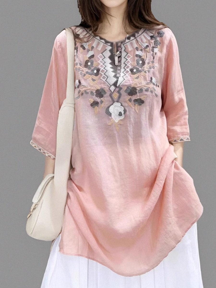Casual Loose Linen Shirt Dress - Vestido Camisa de Linho Bordado Elegante