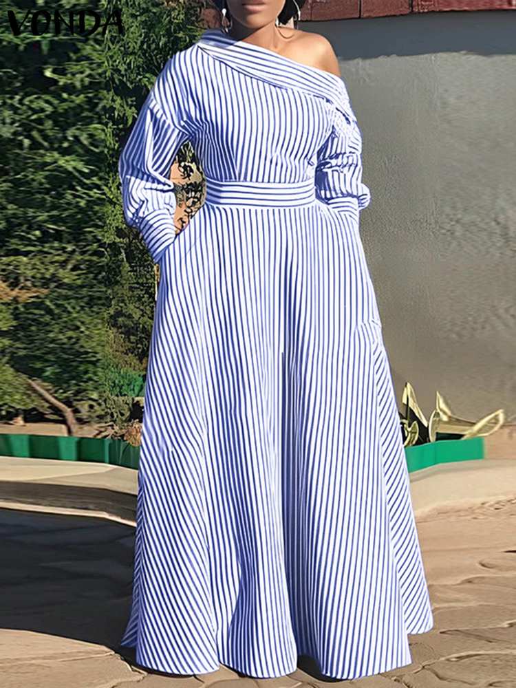 Off Shoulder Puff Sleeve Sundress - Vonda-elegante vestido maxi listrado feminino, vestido