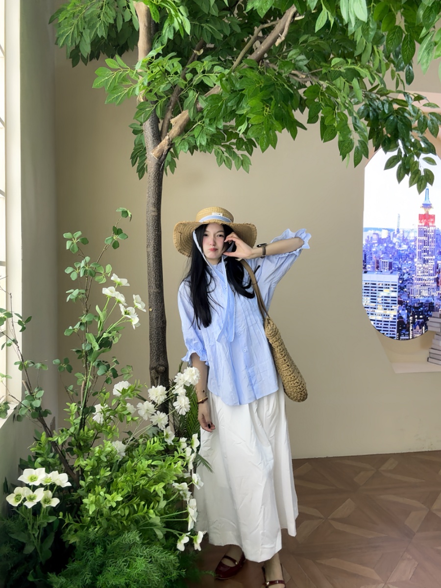Korean Style A Line Shirt Dress - Conjunto Feminino Plus Size: Camisa Azul