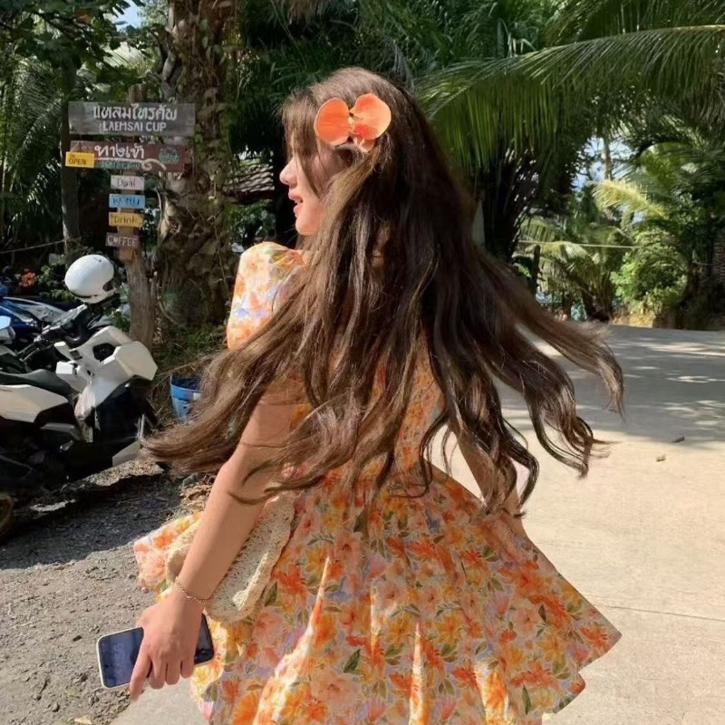 Off Shoulder Puff Sleeve Sundress - Novo Vestido Mini Laranja Estampado Floral