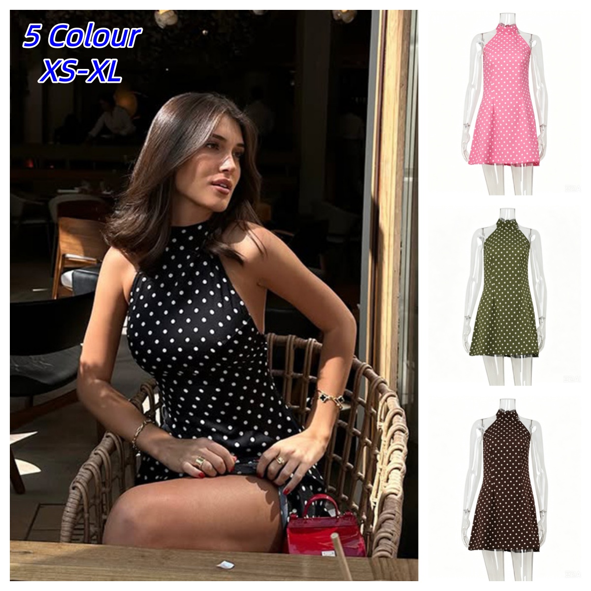 Y2K Backless Halter Mini Dress - Vestido Halter com estampa de bolinhas