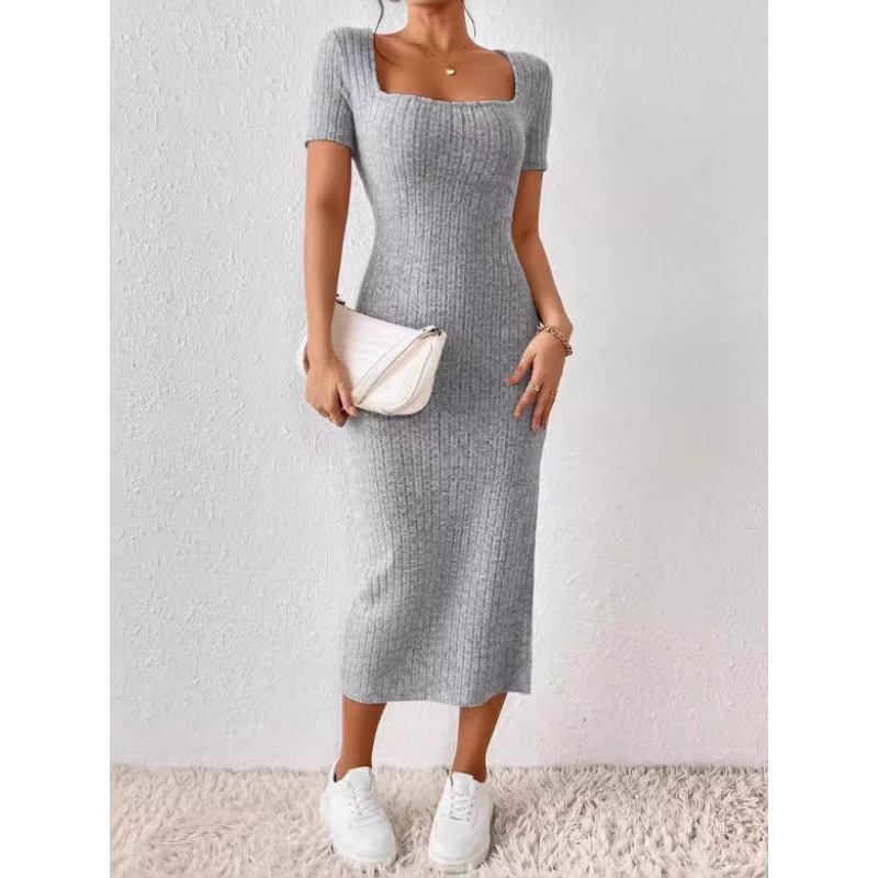 Bodycon Long Sleeve Ribbed Dress - Vestido Midi de Malha Canelada Vintage