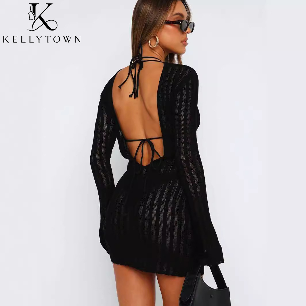 Bodycon Long Sleeve Ribbed Dress - Vestido Sem Costas Sexy de Malha
