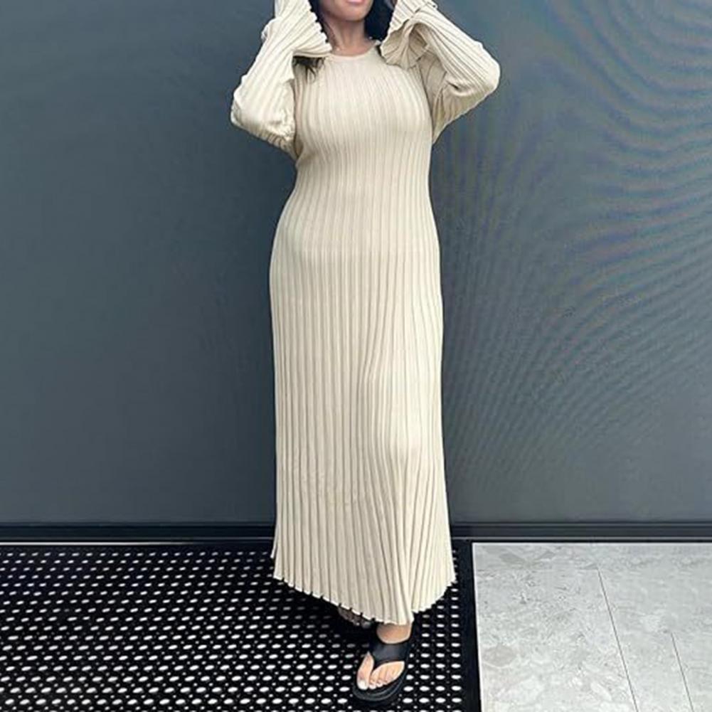 Bodycon Long Sleeve Ribbed Dress - Vestido de Malha Canelada Feminino de