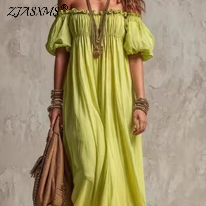 Off Shoulder Puff Sleeve Sundress - Vestido Casual de Verão para Mulheres