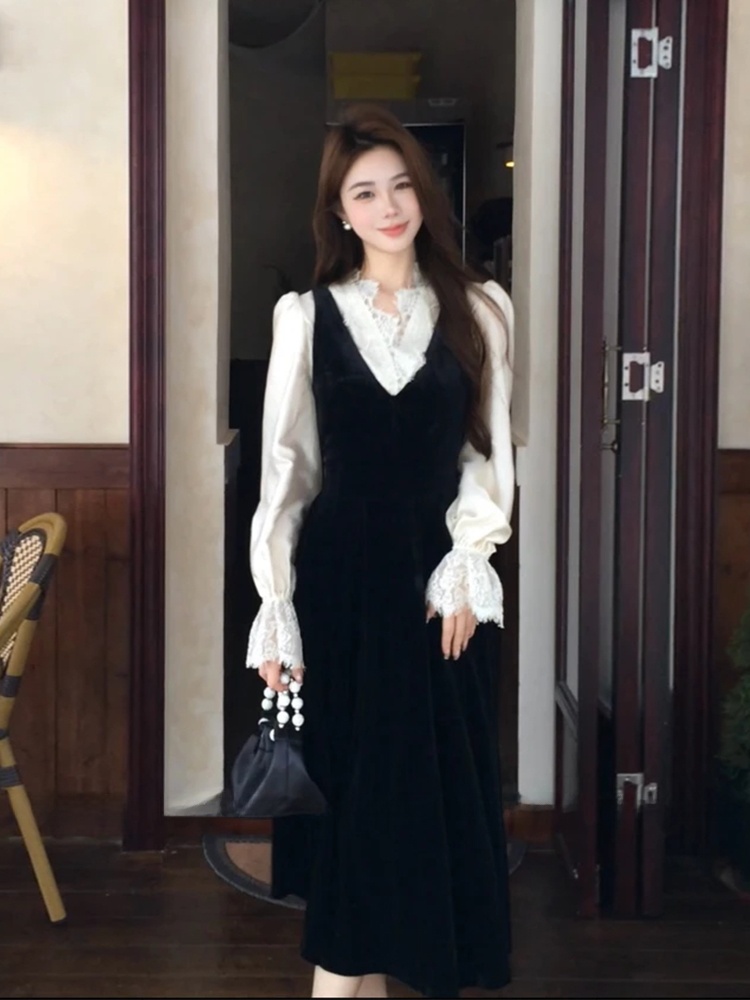 Korean Style A Line Shirt Dress - Camisa de Seda com Renda XZY