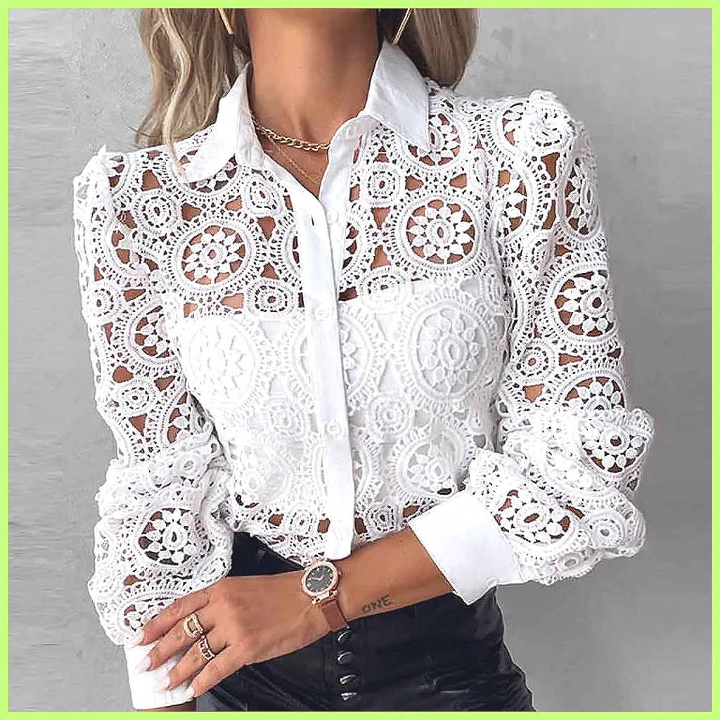 Blouses - Camisa Branca de Renda Feminina 2025,