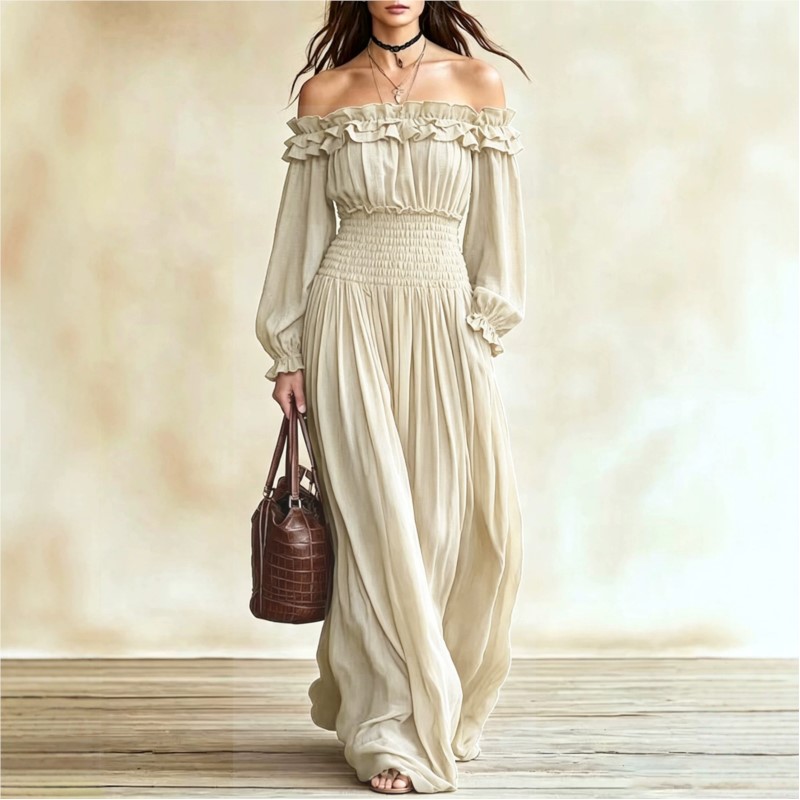 Off Shoulder Puff Sleeve Sundress - Vestido Maxi Feminino Ombro a Ombro