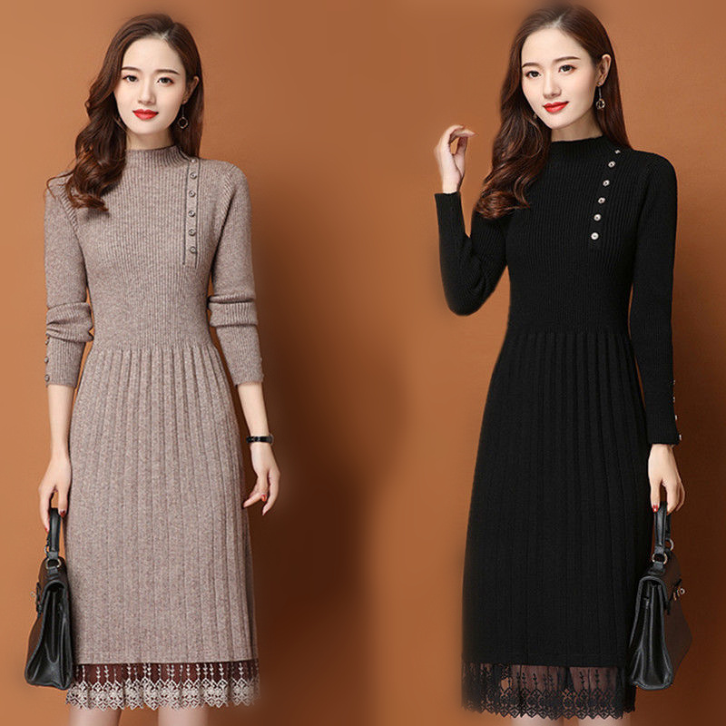 Bodycon Long Sleeve Ribbed Dress - Renda bainha botões feminino outono inverno