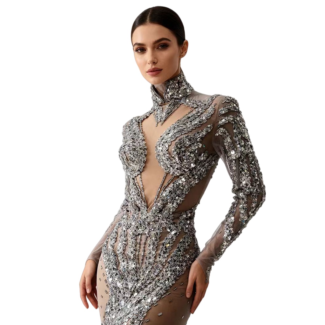 Sparkly Rhinestone Club Party Dress - Prata brilhante lantejoulas ver através bodycon
