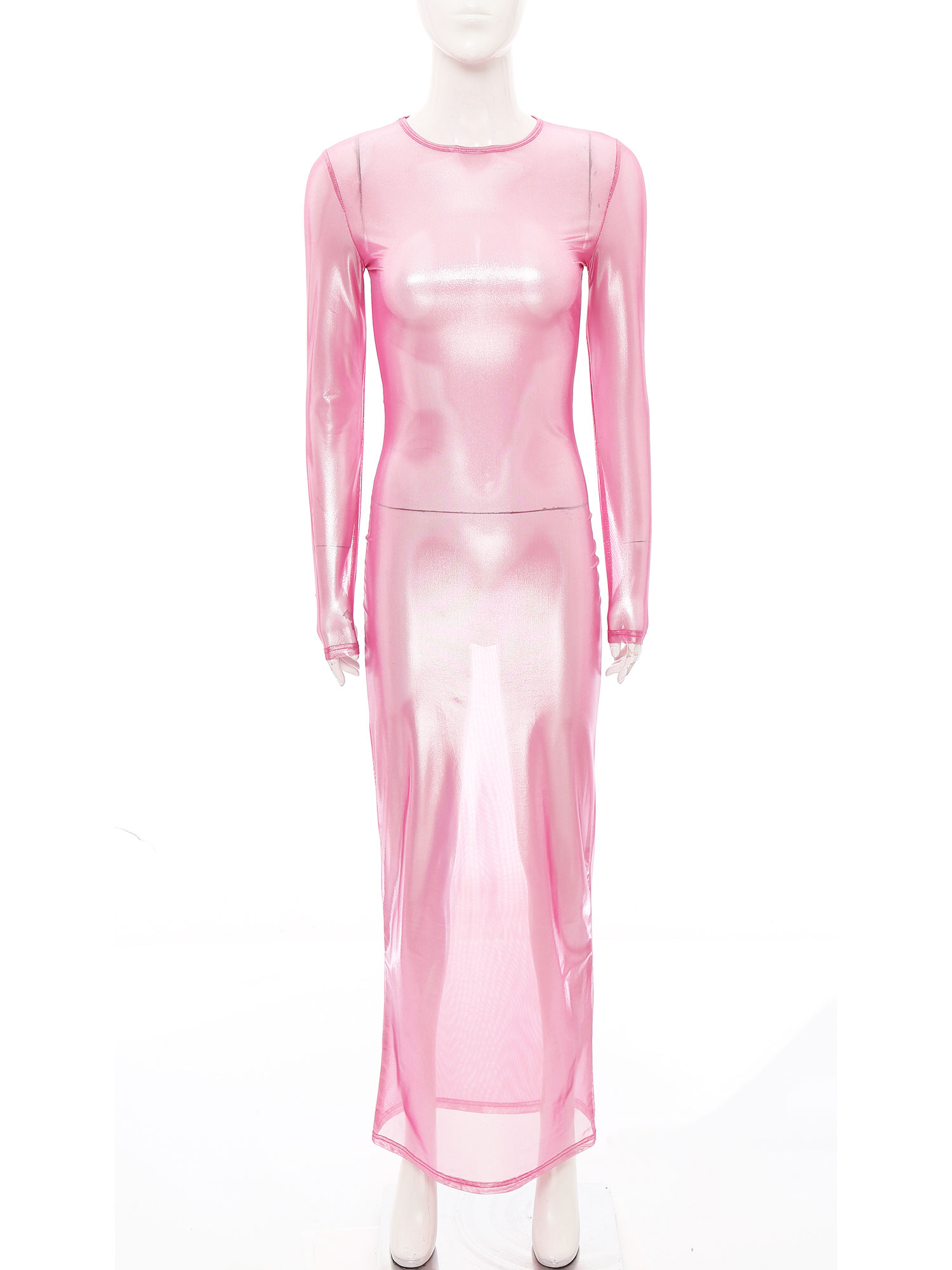 Sexy Mesh Sheer Bodycon Dress - Vestido longo transparente metálico brilhante feminino,