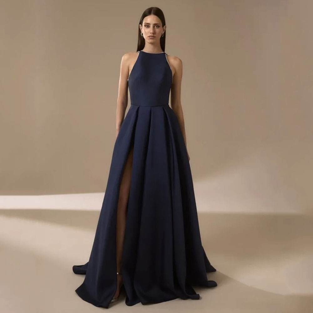 Elegant Satin Evening Gown Split - Azul marinho cetim vestidos de noite