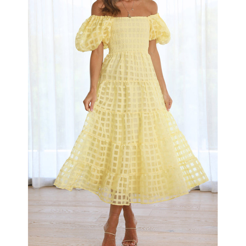 Off Shoulder Puff Sleeve Sundress - Elegante fora do ombro feminino verão