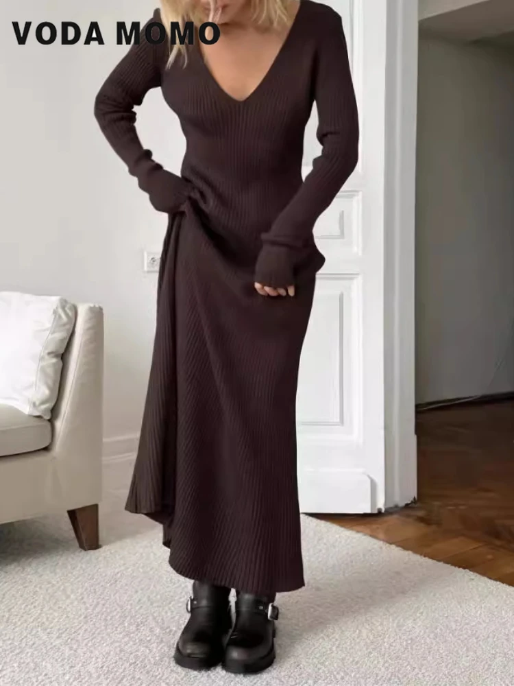 Bodycon Long Sleeve Ribbed Dress - Mangas compridas versátil bodycon maxi vestidos