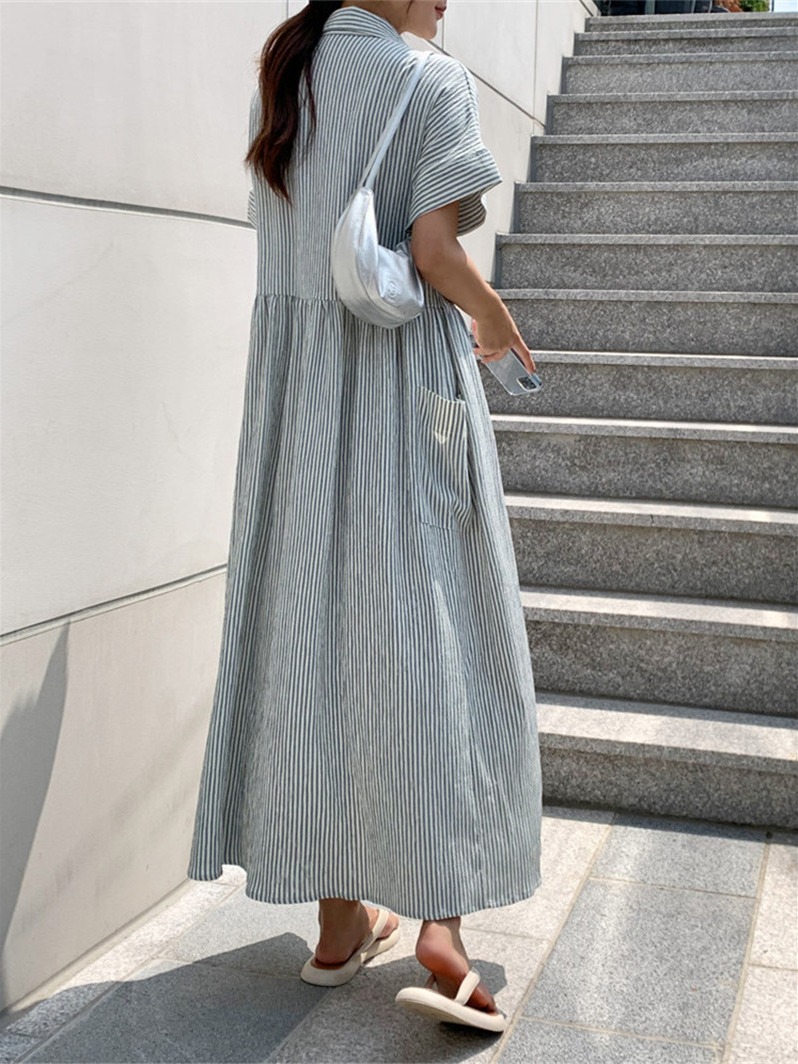 Vestido Camisa Listrado Estilo - Korean Style A Line Shirt Dress avaliação e preço