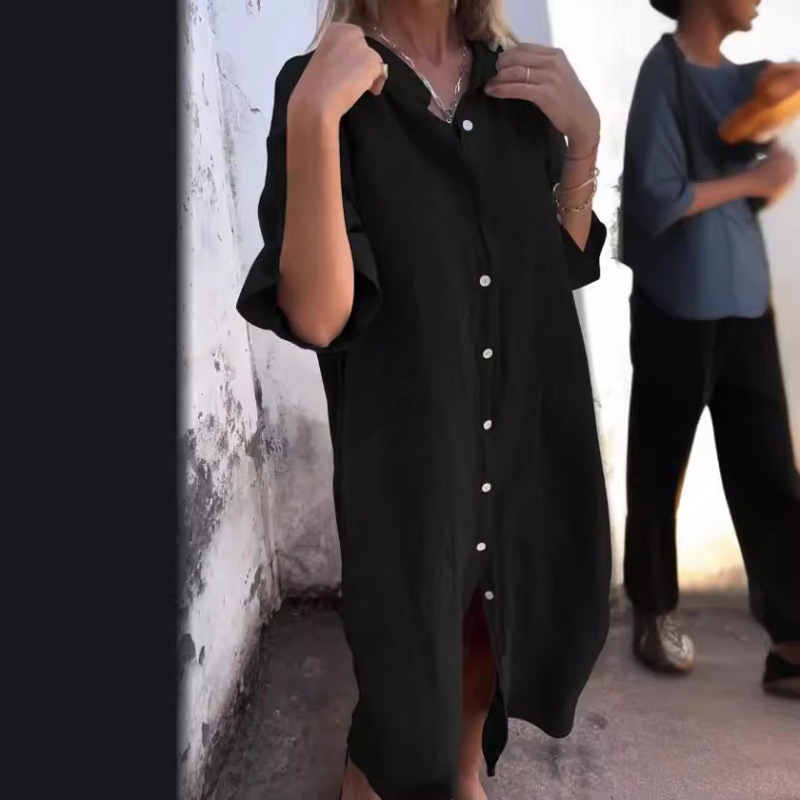 Vestido Camisa Feminino 2026 E - Casual Loose Linen Shirt Dress avaliação e preço