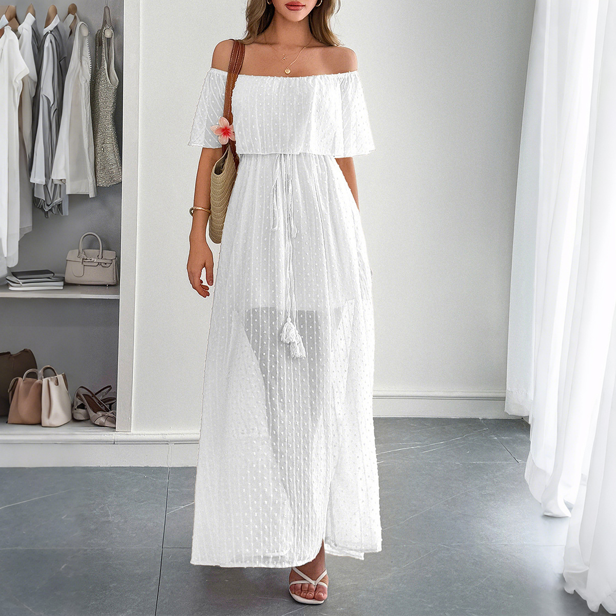 Vestido Longo Casual de Verão  - Off Shoulder Puff Sleeve Sundress avaliação e preço