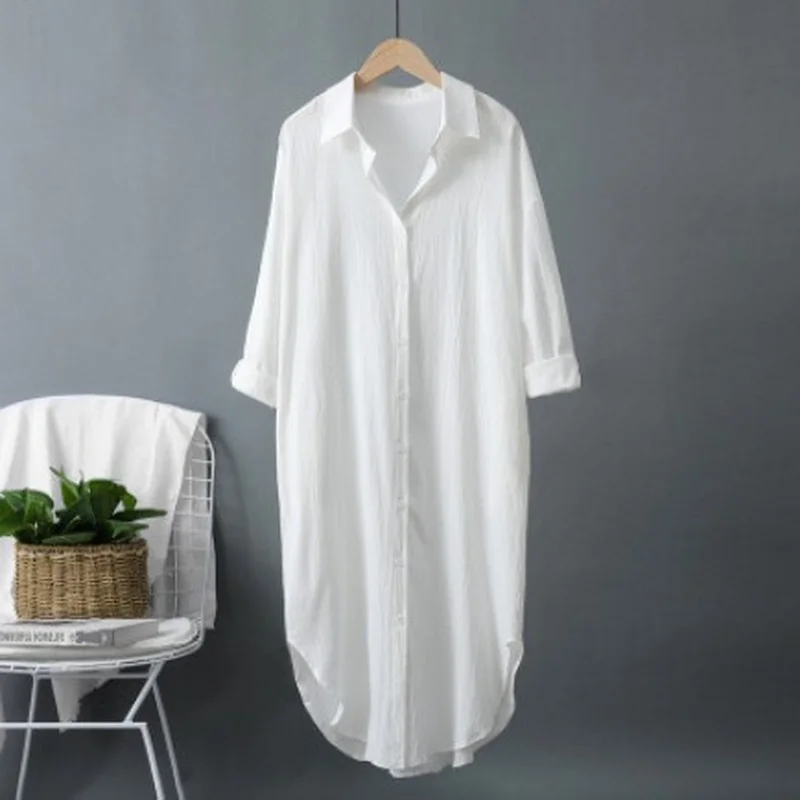 Novos Vestidos Longos de Algod - Casual Loose Linen Shirt Dress avaliação e preço