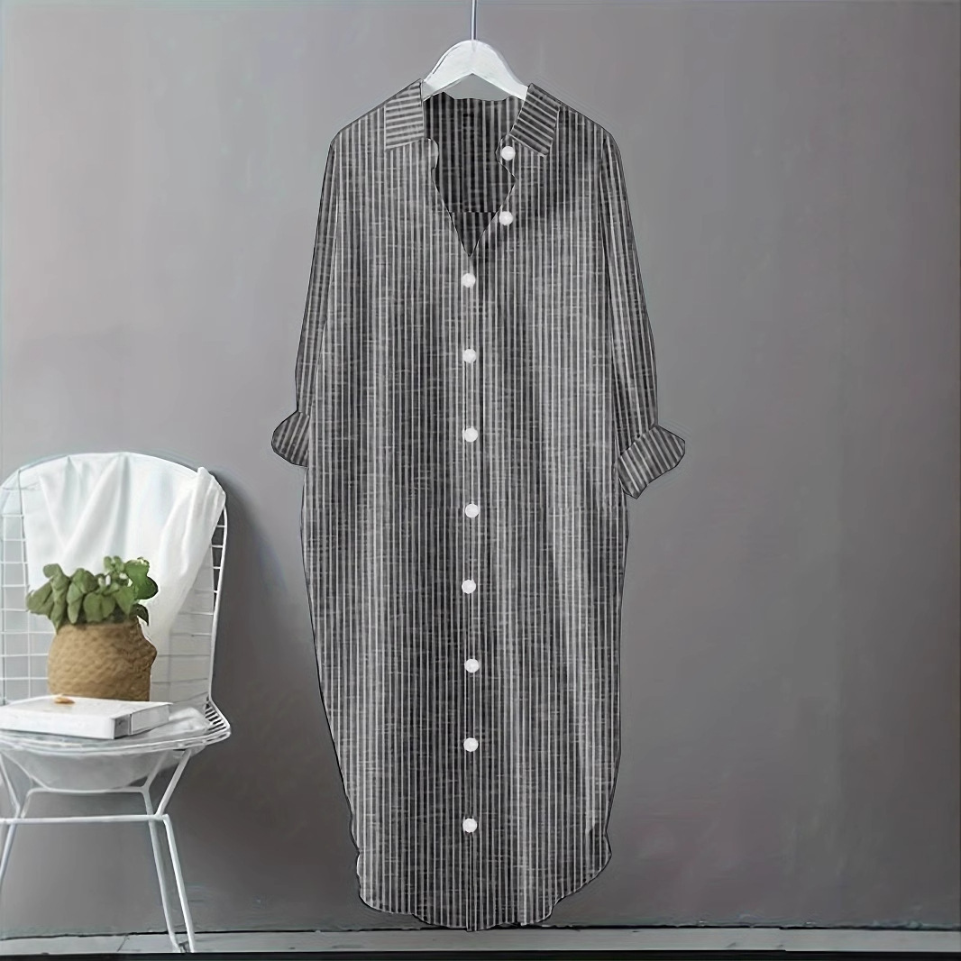 Vestido Camisa Listrado de Alg - Casual Loose Linen Shirt Dress avaliação e preço