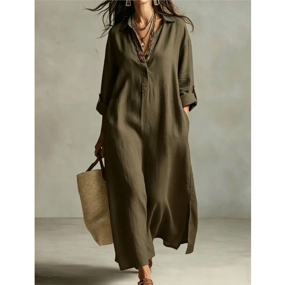 Vestido Camisa Vintage Feminin - Casual Loose Linen Shirt Dress avaliação e preço