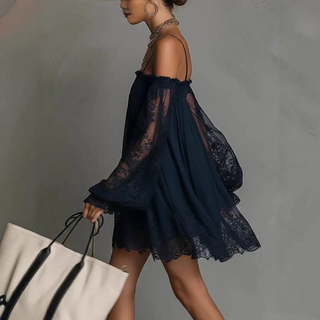 Vestido Mini de Renda com Ombr - Off Shoulder Puff Sleeve Sundress avaliação e preço