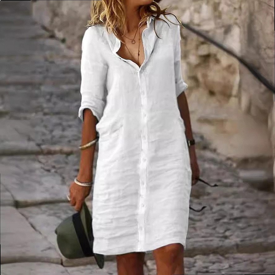 Vestido Camisa Midi Solto com  - Casual Loose Linen Shirt Dress avaliação e preço