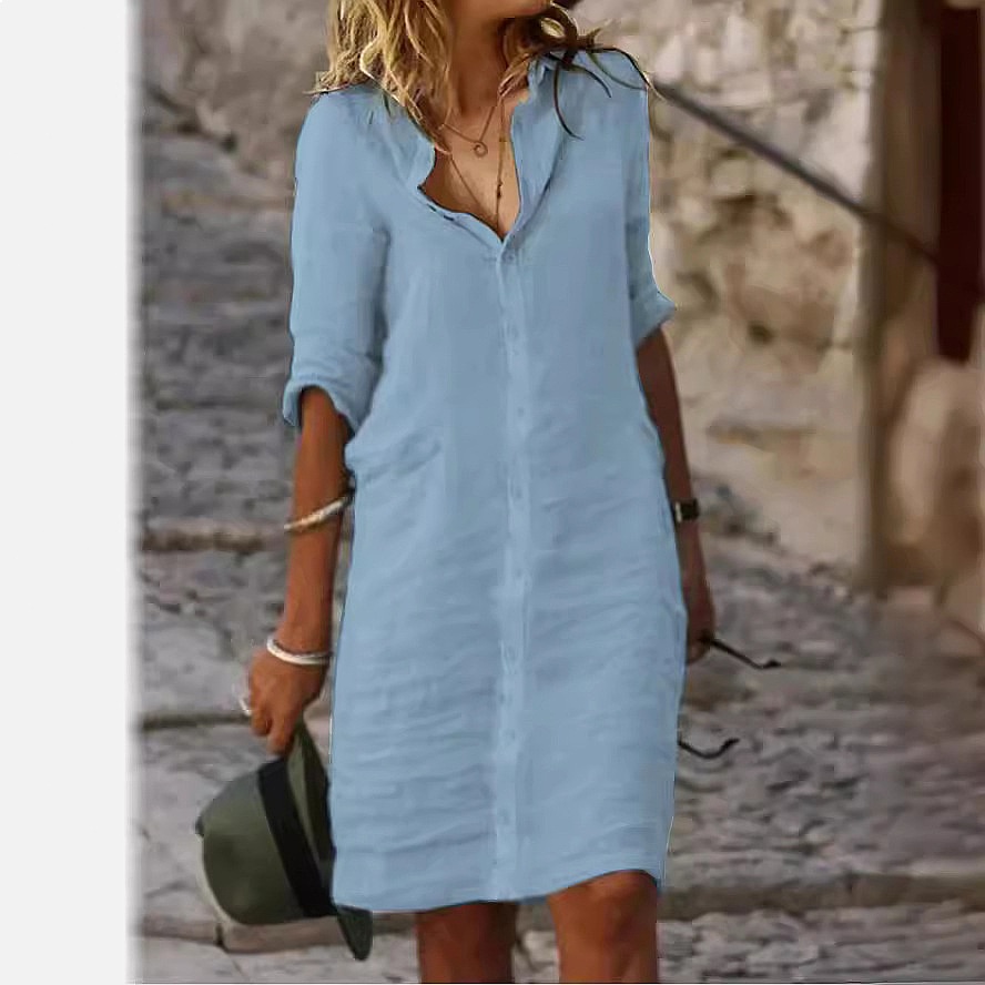 Vestido Camisa Midi Solto com  - Casual Loose Linen Shirt Dress avaliação e preço