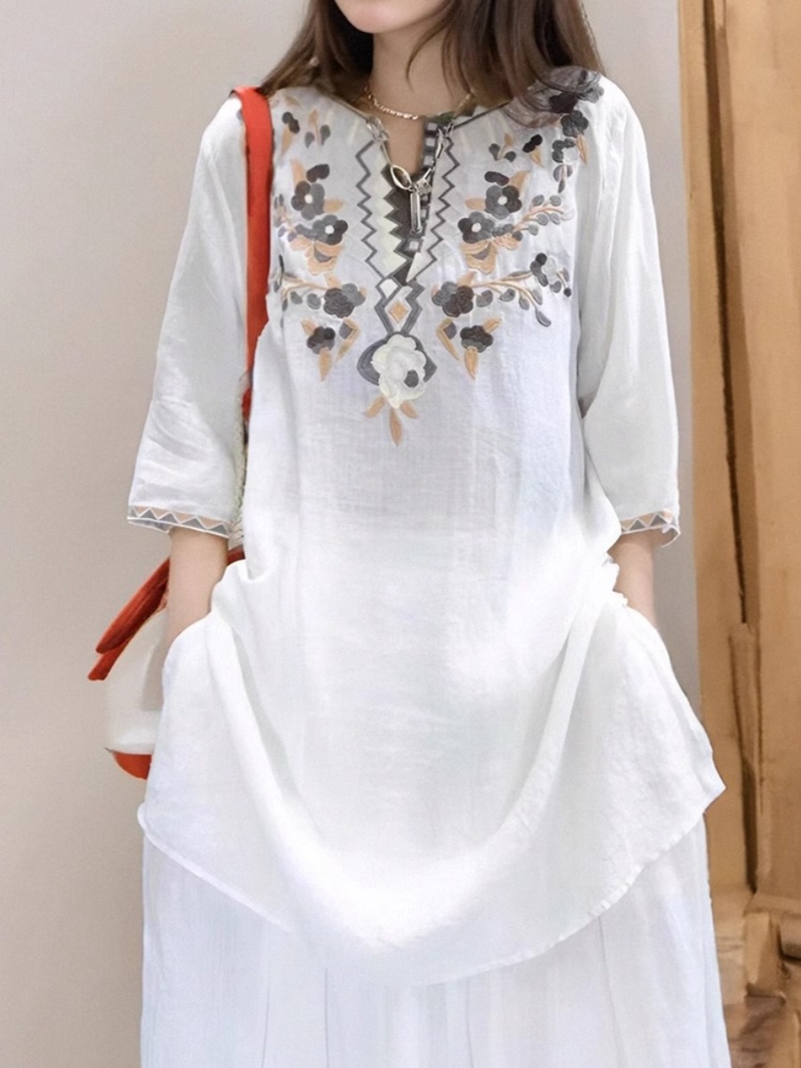 Vestido Camisa de Linho Bordad - Casual Loose Linen Shirt Dress avaliação e preço