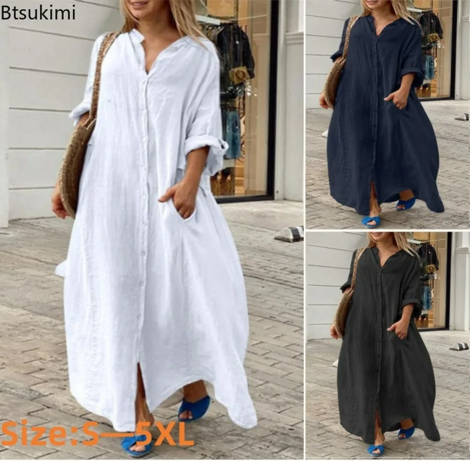 Vestido Longo Casual Feminino  - Casual Loose Linen Shirt Dress avaliação e preço