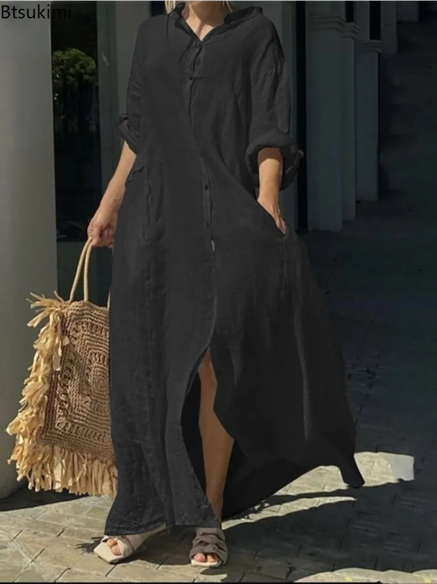 Vestido Longo Casual Feminino  - Casual Loose Linen Shirt Dress avaliação e preço