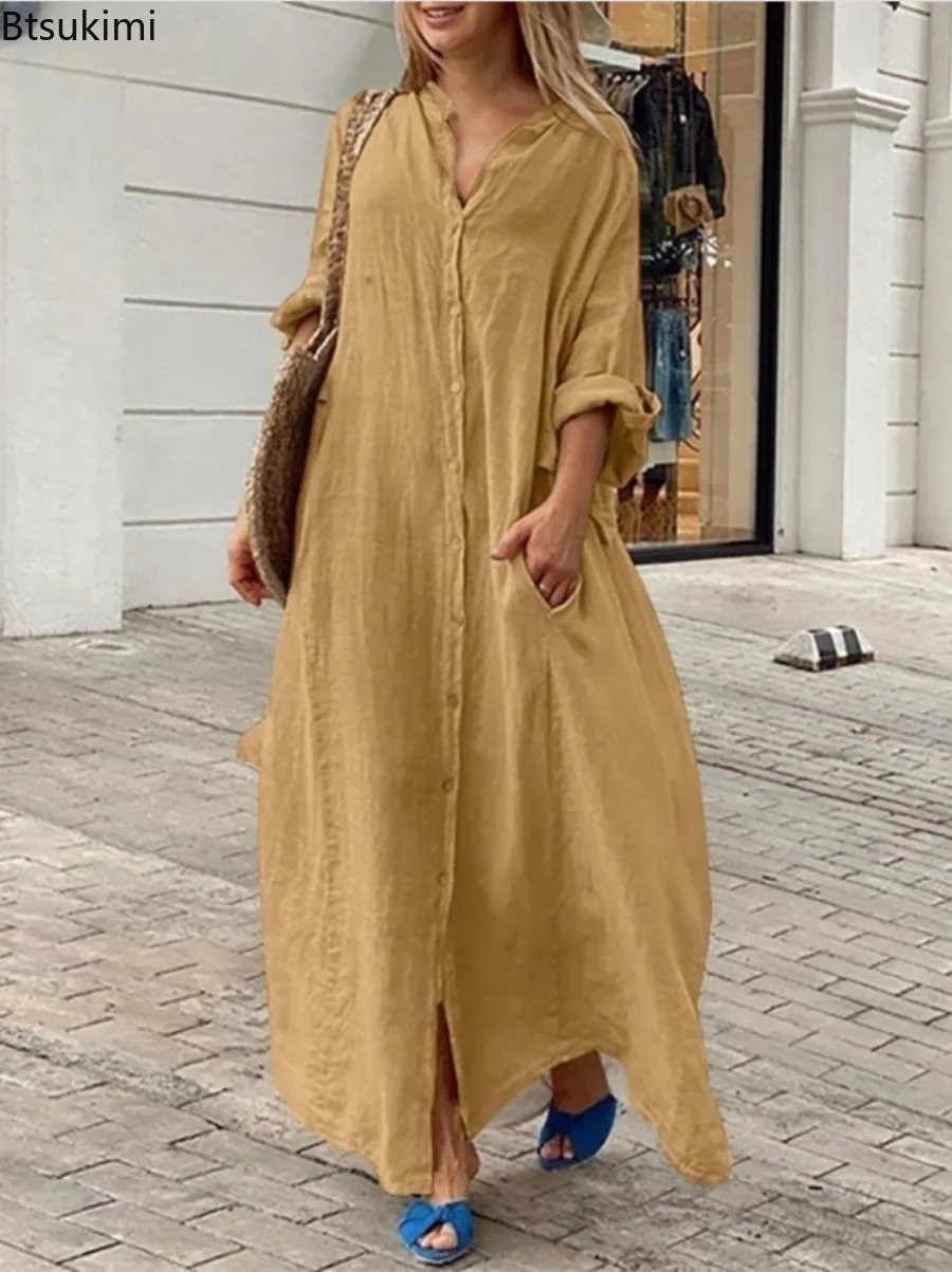 Vestido Longo Casual Feminino  - Casual Loose Linen Shirt Dress avaliação e preço