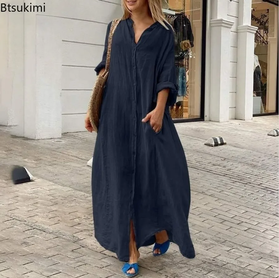 Vestido Longo Casual Feminino  - Casual Loose Linen Shirt Dress avaliação e preço