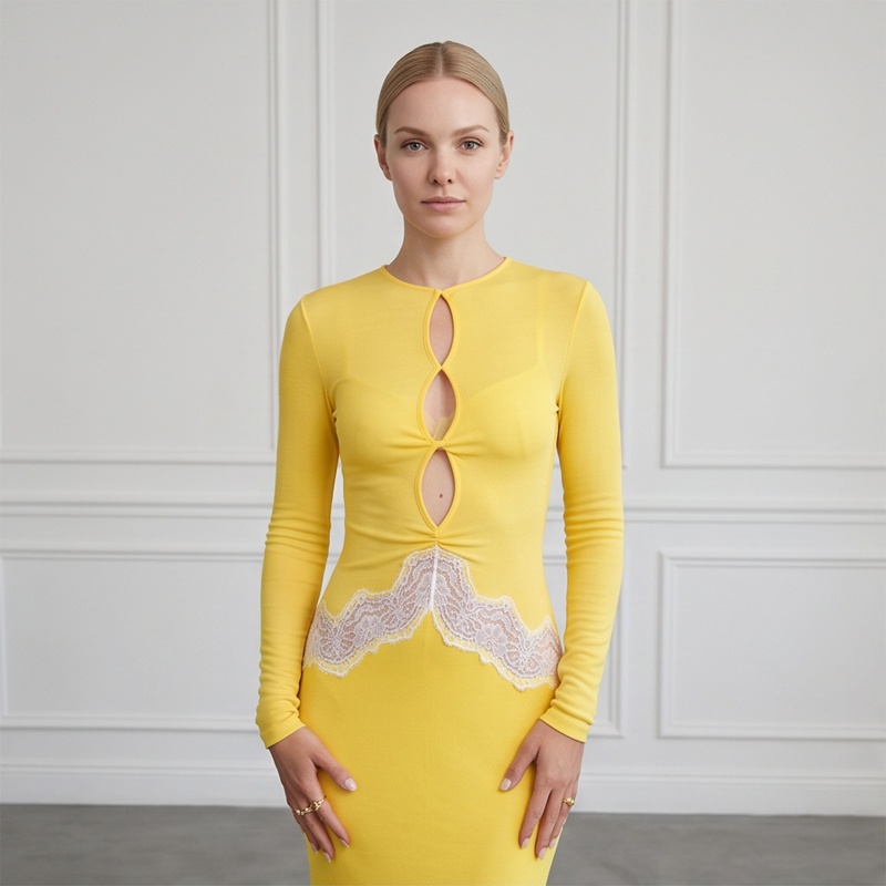 Vestido Maxi Feminino Amarelo  - Bodycon Long Sleeve Ribbed Dress avaliação e preço