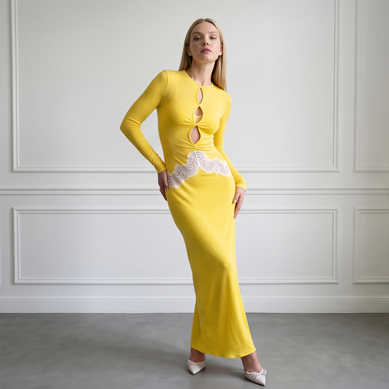 Vestido Maxi Feminino Amarelo  - Bodycon Long Sleeve Ribbed Dress avaliação e preço