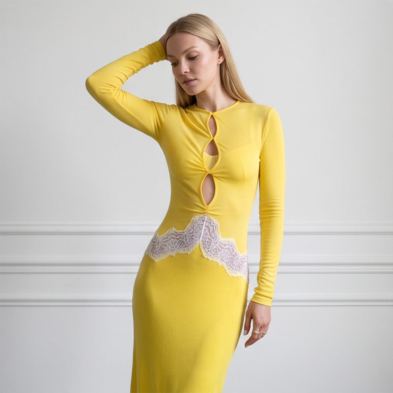 Vestido Maxi Feminino Amarelo  - Bodycon Long Sleeve Ribbed Dress avaliação e preço