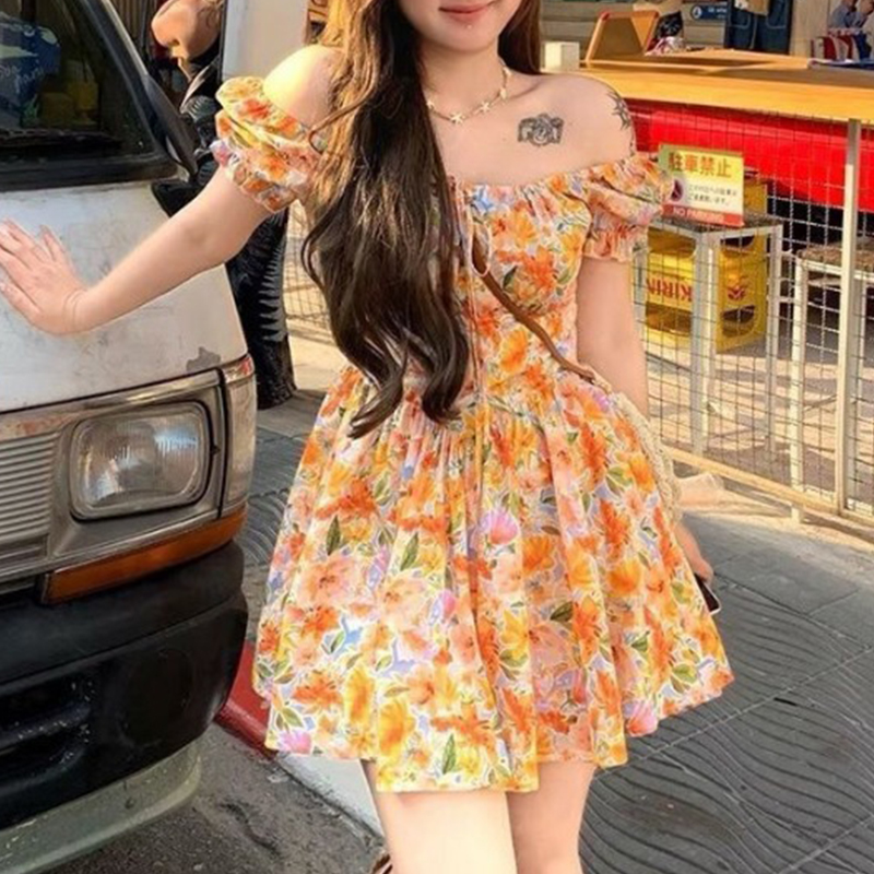 Vestido Mini Laranja com Estam - Off Shoulder Puff Sleeve Sundress avaliação e preço