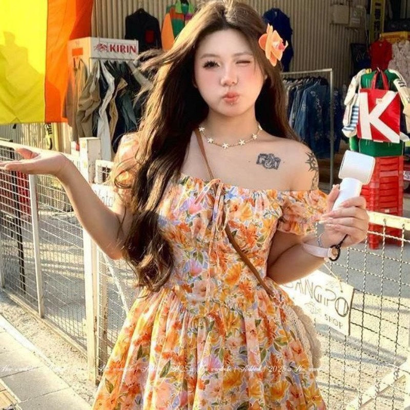 Vestido Mini Laranja com Estam - Off Shoulder Puff Sleeve Sundress avaliação e preço
