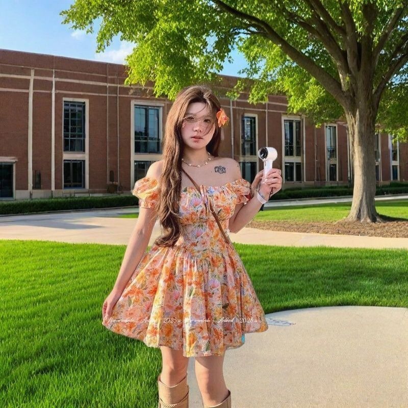 Vestido Mini Laranja com Estam - Off Shoulder Puff Sleeve Sundress avaliação e preço